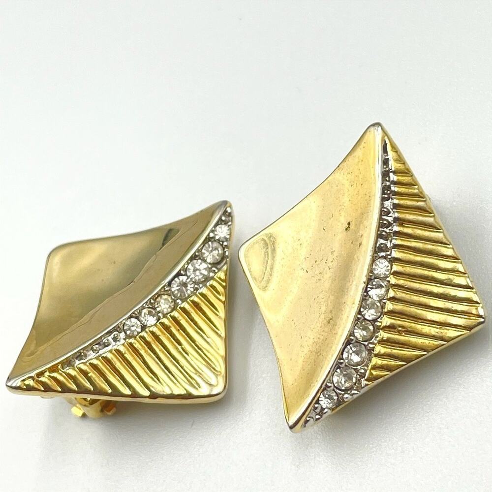 Vintage Gold Tone Square Clip On Earrings Pave Rhinestone Modernist Statement